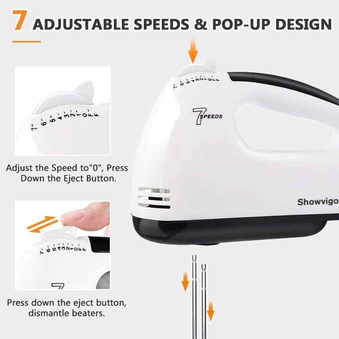 7-Speed Electric Hand Mixer with 5 Stainless Steel Accessories, Eject Button Handheld Whisk Food Beaters for Blending or Cooking, Dishwasher Safe, Off-white