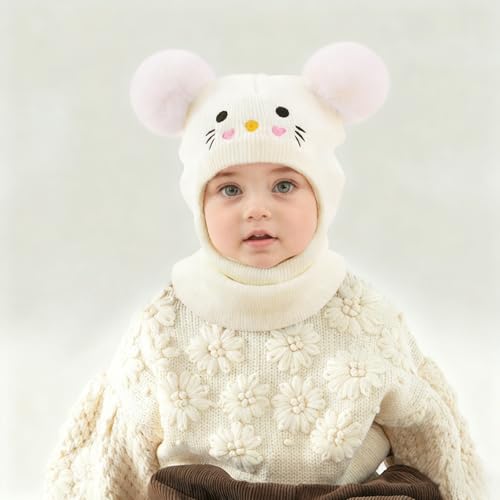 White Knit Balaclava Beanie and Neck Warmer hat,cat Embroidery, Stretch Fit, Suitable, Daily and Casual Wear, Birthday, Ho...