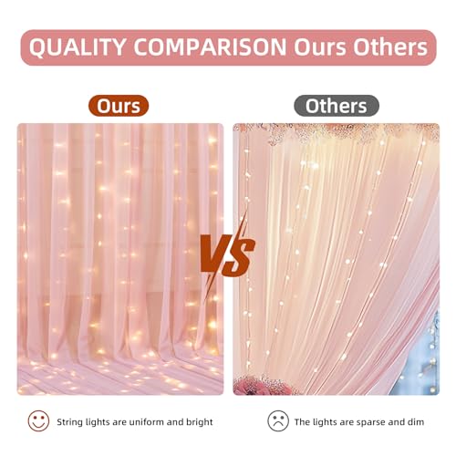 10x10FT Pink Wrinkle Free Backdrop Curtains with Lights String for Parties - Photo Curtain Backdrop with Lights for Weddin...
