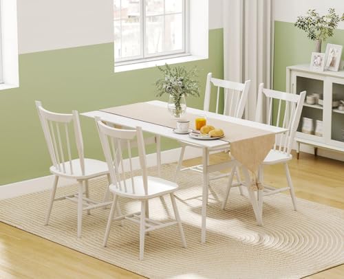 ROCITY Wooden Dining Chairs Set of 4 Mid Century Modern Kitchen Chairs with Spindle Back/Solid Wood Frame Vintage Windsor Chairs for Dining Room, White