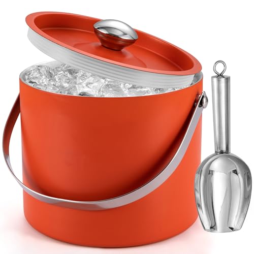 Ice Bucket (3 Liter) Stainless Steel Double Wall Insulated Ice Bucket with Lid & Scoop, Ice Buckets for Parties, Handle, K...