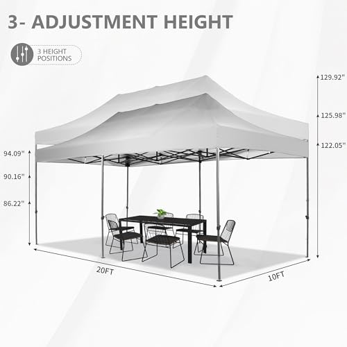 GDY 10x20 ft Instant Pop up Canopy, Folding Heavy Duty Height Adjustable Shelter Gazebos with Wheeled Bag,White.