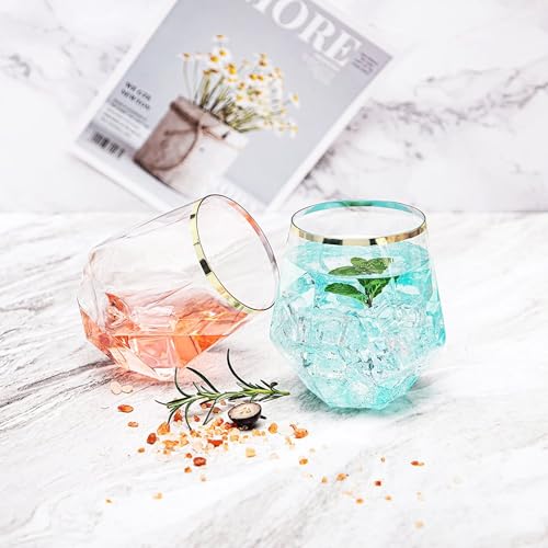 Hyuetrsa 40 Pcs Plastic Wine Cups,12 Oz Gold Rim Plastic Diamond Wine Glass Disposable Stemless Wine Glasses Unbreakable D...