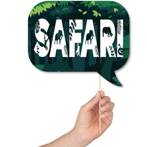 Safari Photo Booth Props - 41-pc Photobooth Kit with 8 x 10-Inch Sign, 60 Adhesive Pads, 45 Sticks - Kids Photo Booth Prop...