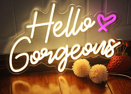DAKABUKA Hello Gorgeous Neon Sign Hello Beautiful Warm White LED Neon Lights for Home Wedding Birthday Backdrop Bacelorett...