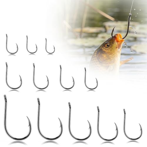 300 PCS Fishing Hooks with Holes, 10 Sizes (3# to 12#) Carbon Steel Sharp Fish Hooks for Freshwater Saltwater Fishing, Ass...