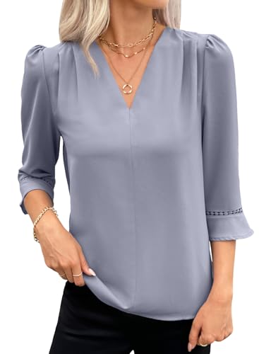 EVALESS Women's 3/4 Sleeve Tops Dressy Casual Pleated V Neck Business Work Blouses Office Shirts