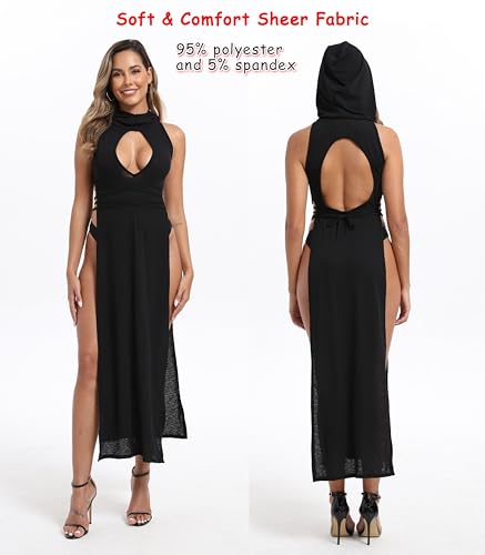 Aucute Sexy Goth Outfit for Women, Sheer Sleeveless Punk Streetwear Rave Festival Dress, Hollow Out Split Hooded Dresses