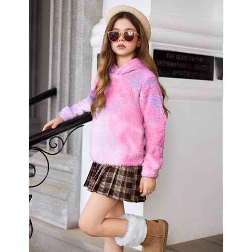 Arshiner Girls Fuzzy Fleece Hoodies Casual Sweatshirt Sherpa Pullover with Kangaroo Pockets