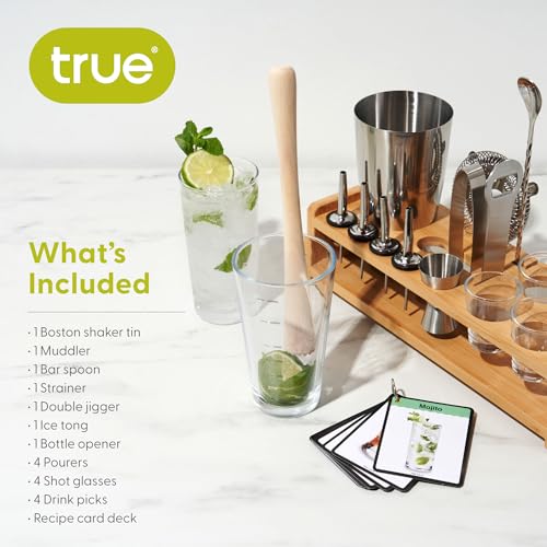 True 20-Piece Cocktail Shaker Bar Set with Wooden Stand Includes Boston Shaker, Mixing Glass, Muddler, Jigger, Strainer, B...