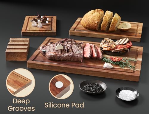 Fibogollo Acacia Wood Cutting Boards for Kitchen(Set of 3),Wooden Chopping Boards Set with Juice Groove,Serving Board with...