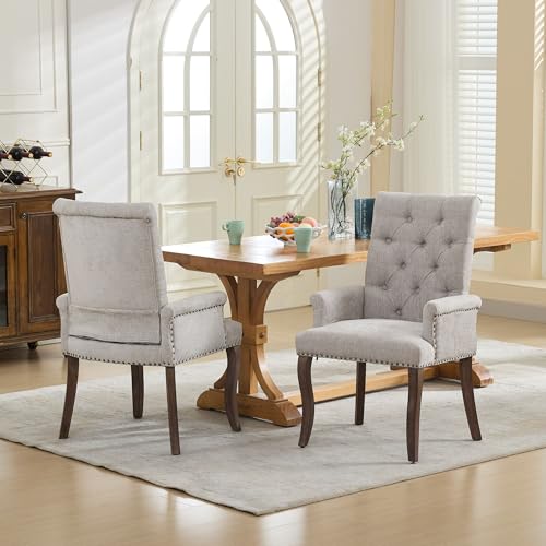 Ball & Cast Chenille Dining Chairs with Arms,Mid-Century Accent Chair w/Tufted Back & Nailhead Trim,Curved Solid Wood Leg,...
