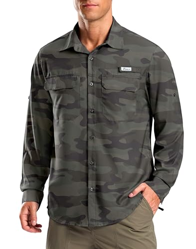 Pudolla Men's Sun Protection Fishing Shirt Lightweight Long Sleeve UPF 50+ Hiking Shirt for Men Outdoor Travel with Pockets