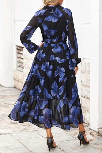 PRETTYGARDEN Women's Fall Dress 2025 Casual Long Sleeve Button Down Belted Boho Floral Flowy Maxi Wedding Guest Dresses