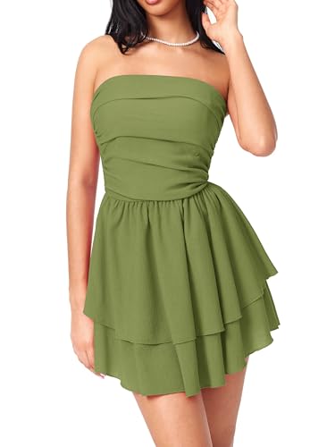 CIDER Women's Summer Cocktail Dress - Tube Ruched Ruffle Mini Dress