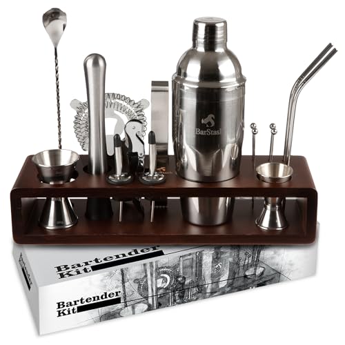 BarStash Cocktail Shaker Set Bartender Kit with Stand, Professional Bartending Kit, House Warming Gifts for New Home - Coc...
