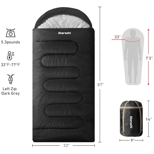 Atarashi Camping Sleeping Bag- 4 Seasons for Adults, Light, Warm, Extra-Large with Compression Sack- Great for Hiking, Bac...