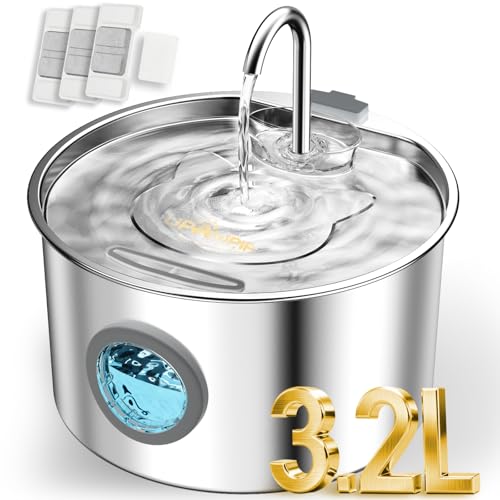 108oz/3.2L Stainless Steel Cat Water Fountain with Detachable Tank, Easy to Clean & Assemble, Pet Drinking Dispenser with ...