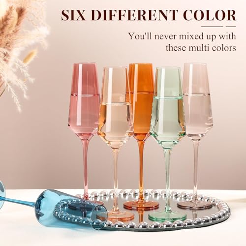 TrophyToast Colored Champagne Flutes Set of 6, Large 8 Oz【Hand Blown】 Crystal Wine Glasses, Lead-Free Colored Wine Glasses...