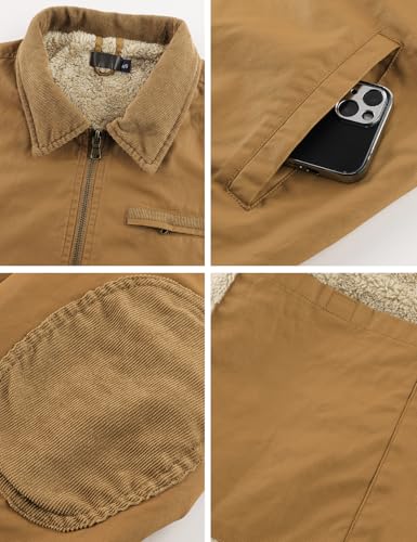 Flygo Mens Sherpa Lined Detroit Jacket Winter Warm Fleece Coat Waxed Washed Canvas Rugged Waterproof Jackets