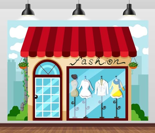 CORFOTO 7x5ft Fabric Lady Fashion Store Window Display Backdrop Cartoon Clothing Store Fashion Boutique Background for Gir...