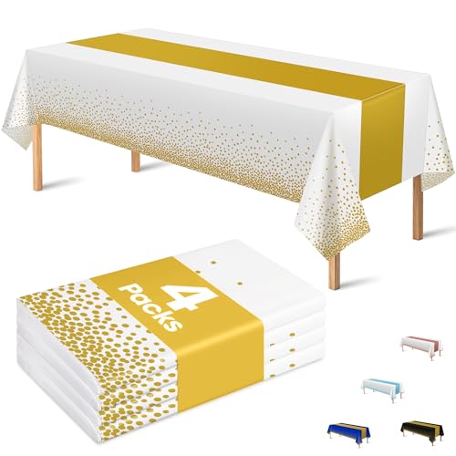 OHOME 4 Pack Disposable Plastic Table Cloths for Parties,White and Gold Rectangle Table Covers for Fall Decor Wedding Brid...
