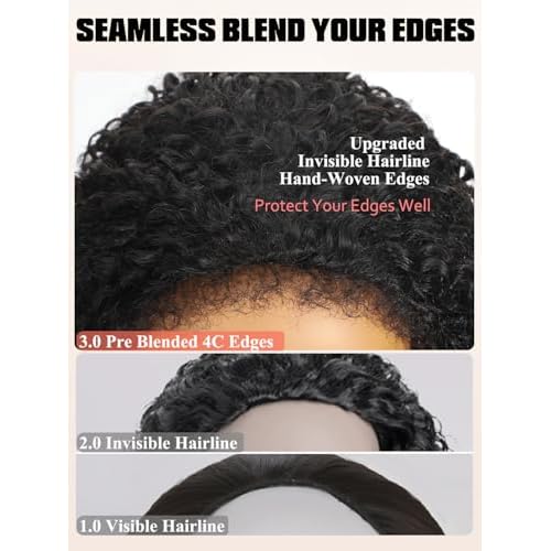 Burmese Curly Half Wig Human Hair 16 Inch 200% Density Invisible Flip Over Hairline Half Curly Wig Human Hair Headband Wigs for Black Women Drawstring Secure Fit Glueless Wigs Beginner Friendly