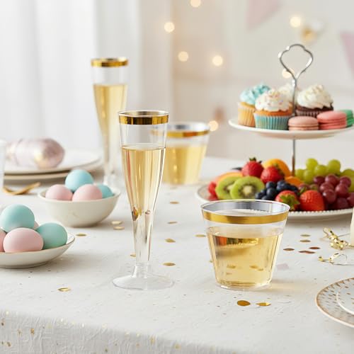 Newtay 160 Count Plastic Champagne Flutes and Cups Set, 60 Pcs 4.5 oz Gold Rim Disposable Champagne Flutes 100 Pcs 9 oz Go...