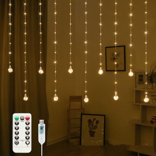 Minetom 200 LED Curtain Fairy Lights - 9.8 FT Wishing Ball Window Hanging Lights with Remote, USB Powered Waterproof for C...
