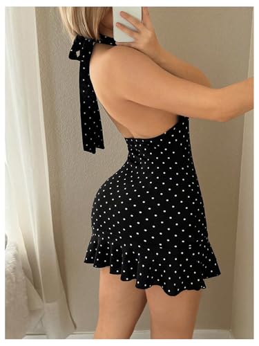 Verdusa Women's Y2K Polka Dots Wedding Guest Backless Halter Dresses Date Night Outfit Ruffle Short Dress