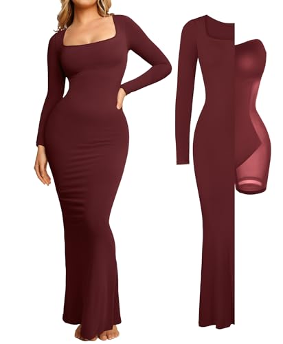 Popilush Women's Long Sleeve Maxi Dress Built-in Shapewear Bra Square Neck Fall Formal Wedding Guest Cocktail Bodycon Dresses