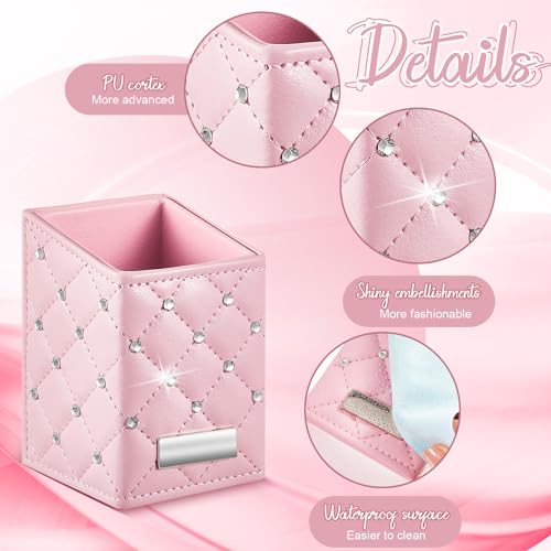 ReliThick 2 Pcs Pink Makeup Brush Holder Crystal Bling Brushes Cup PU Leather Waterproof Glitter Makeup Holder for Women T...