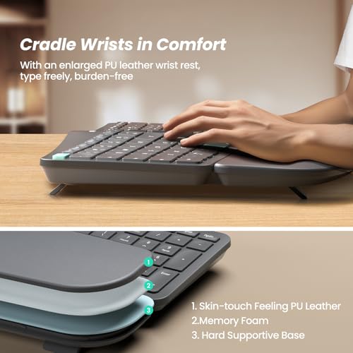 Nulea Wireless Ergonomic Keyboard, Split Keyboard with Cushioned Wrist Rest, USB and Bluetooth Connectivity, USB-C Recharg...