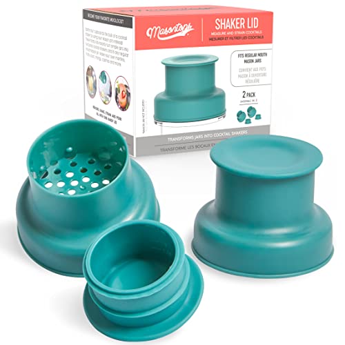 Masontops Cocktail Shaker Lids – Compatible with any Regular Mouth Mason Jar – 2-Pack with 1oz Jigger Caps - Teal