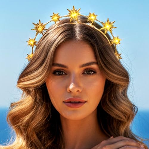 DRESBE Light Up Greek Goddess Headband New Year LED Star Crown Headbands Glow NYE Party Hair Accessories for Women (Gold)