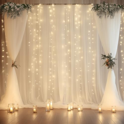 10ft x 10ft Cream White Chiffon Backdrop Curtain with Lights String for Parites Wedding Wrinkle Free Curtain Photo Backdro...