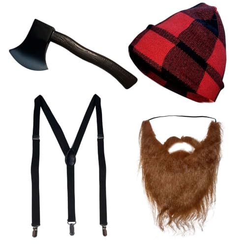 Cossneer 4 Pieces Lumberjack Costume Halloween Men Women Lumberjack Accessories Include Hat Beard Suspender Foam Axe for H...