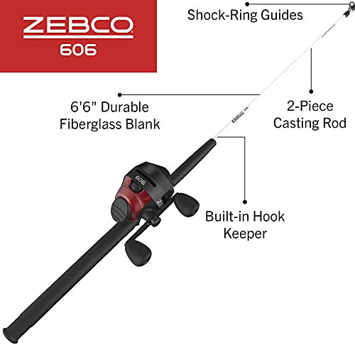 Zebco 33 Spincast and 606 Spincast Fishing Rod and Reel Combos with 6-Foot 2-Piece and 6-Foot 6-Inch 2-Piece Fiberglass Rods