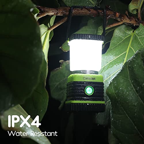 Consciot LED Battery Powered Camping Lantern, 1000LM, 4 Light Modes, IPX4 Waterproof Portable Tent Flashlight for Power Ou...