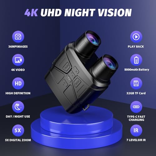 HEXEUM Night Vision Goggles, 4K Night Vision Binoculars for Adults with 5000mAh Battery, 3" HD Screen & 32GB Card for Hunt...