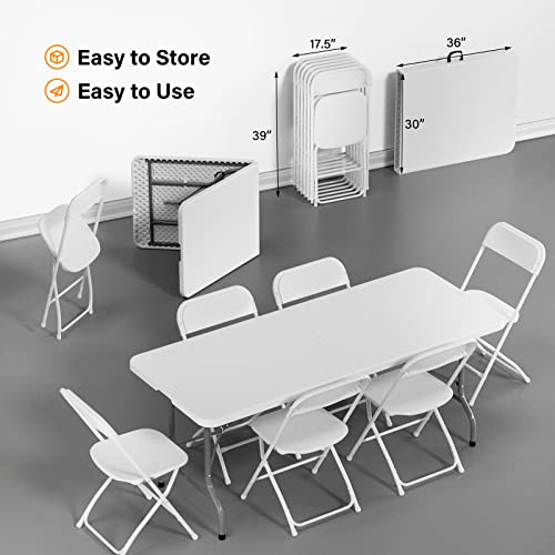 VINGLI 6 FT Plastic Folding Table Set with 6 White Folding Chairs for Picnic, Event, Training, Outdoor Activities, at Home...