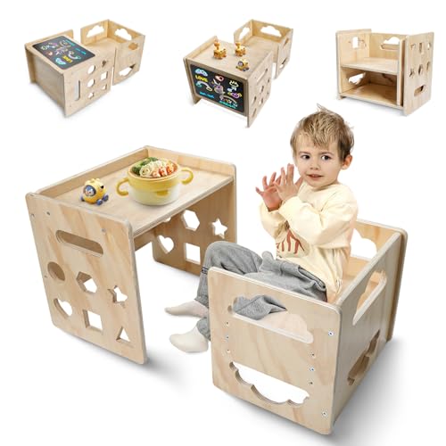 Satisure Montessori Weaning Table and Chair Set, Wooden Toddler Table and Chair Set, 1-3 Age Kids Table and Chairs with Bl...