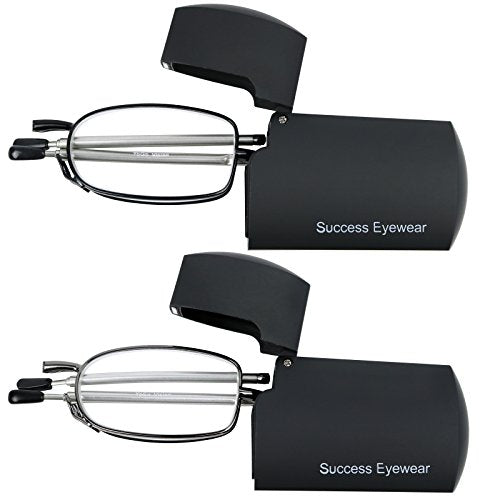 Success Eyewear Reading Glasses 2 Pair Black and Gunmetal Readers Compact Folding Unisex Glasses for Reading Case Included