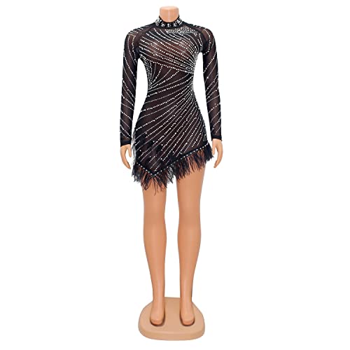 ENOPINK Women Sexy Rhinestone Feather Dress Mesh Sheer Bodycon Long Sleeve Mini Dresses Birthday Outfits Clubwear
