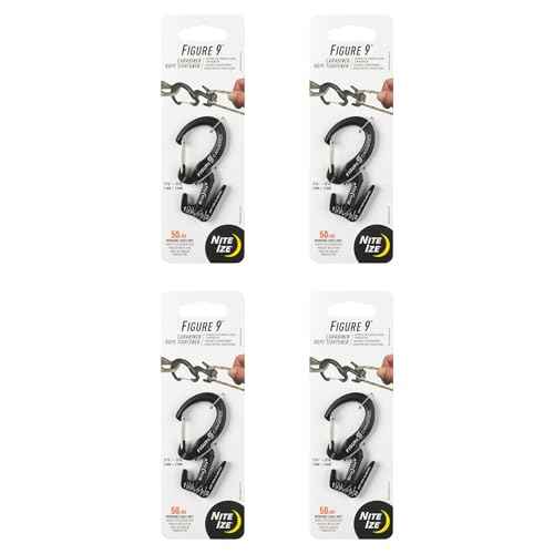Nite Ize Figure 9 Carabiner Rope Tightener - Heavy-Duty Carabiner Clip - Cord & Rope Tightener with Wire Gate - Carabiner Camping Accessories & Tent Essentials - Small, Black (4 Pack)