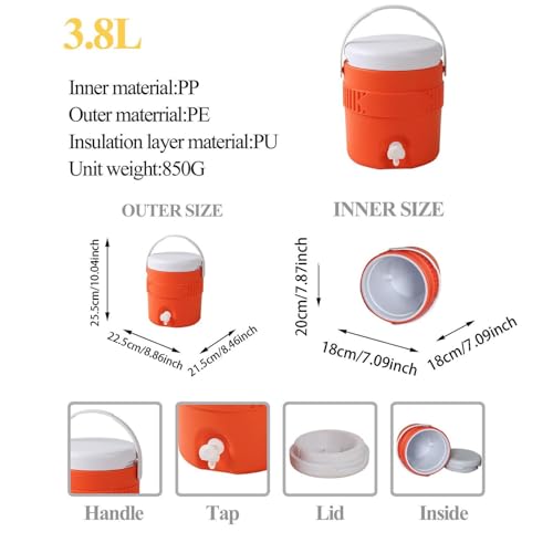 3.8L Gallon Insulated Beverage Dispenser, Portable Sports Cooler Water Jug Dispenser with Handle & Easy Pour Spiot, Insula...