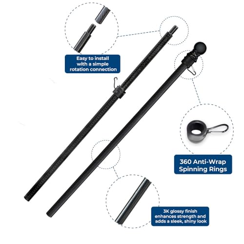 Pack 2 - FFN 5’ Foot Premium Tangle-Free Carbon-Fiber Flag Pole with 2 Flag Rings, Ideal for Trucks, Vehicles, or SUVs, Pe...
