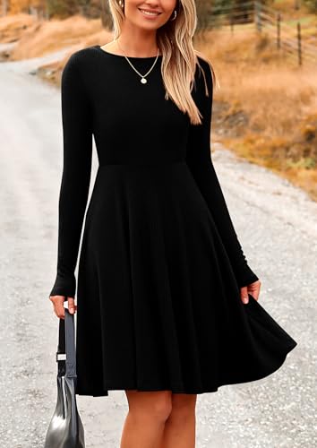 PRETTYGARDEN Women's Fall Short Dress Ribbed Knit Crewneck Long Sleeve A Line Flowy Casual Elegant Going Out Winter Dresses