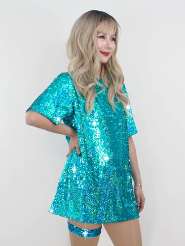 Muztagata Sequin T-Shirt Dress Sparkly Casual Short Sleeve Party Club Outfit Costume