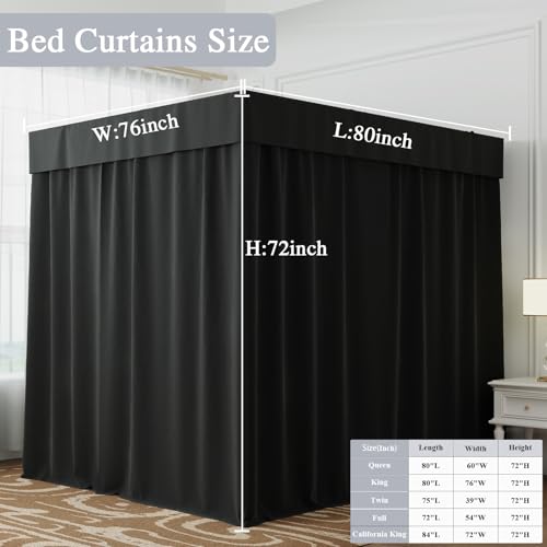 Hvqic Black Canopy Bed Drapes - 4 Corner Post Canopy King Bed Curtain Lightproof Drapes Bed Canopy for Adults & Girls Bedr...